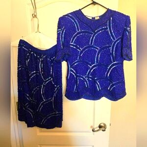Laurence Kazar 2-piece formal skirt and blouse in sapphire blue with beading.